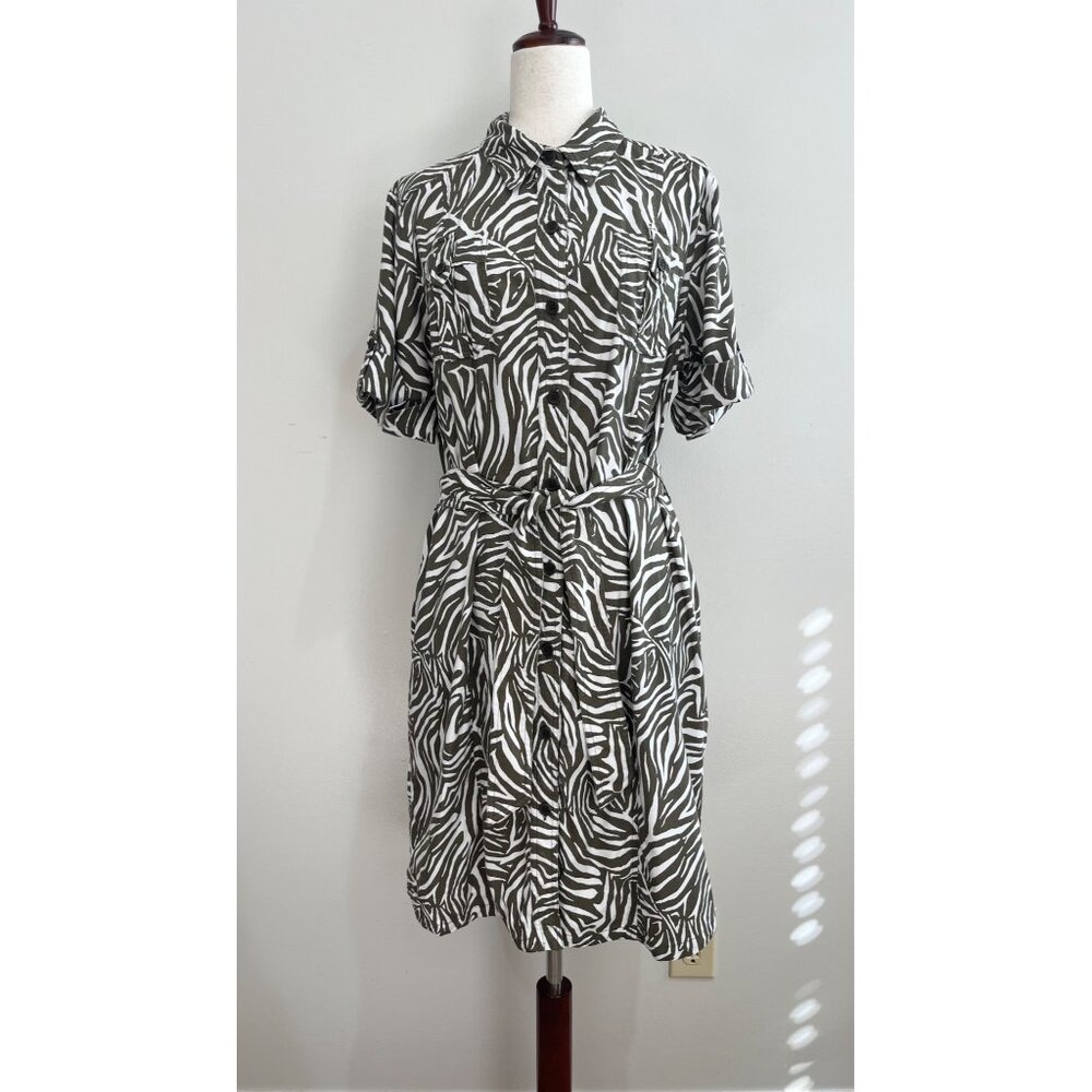 Jones New York Zebra Print Shirt Dress Womens XL Olive Green Print with Pockets